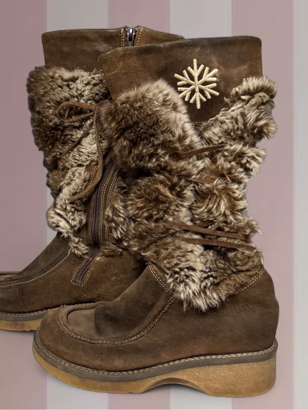 Y2K Brown suede ankle boots with faux fur trim and snowflake embellishment